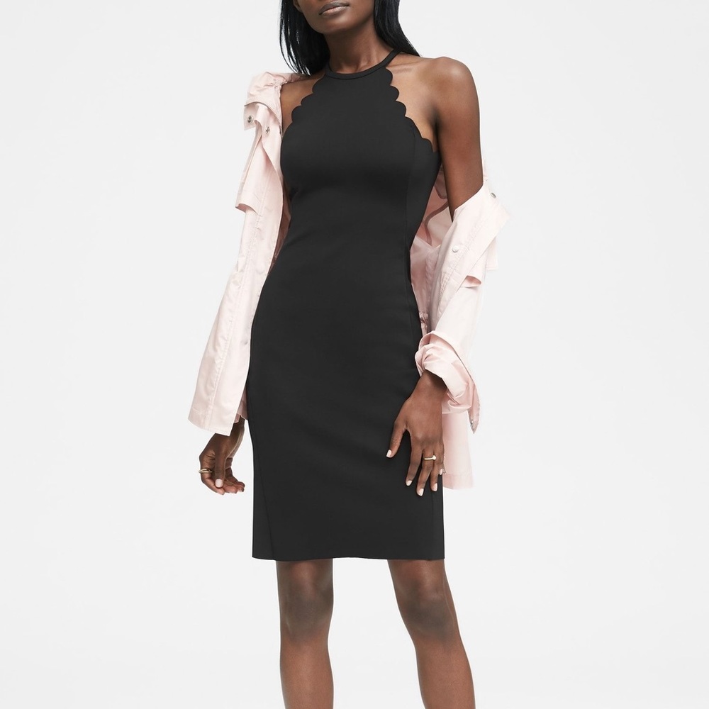 Life in motion sheath dress scalloped halter neck